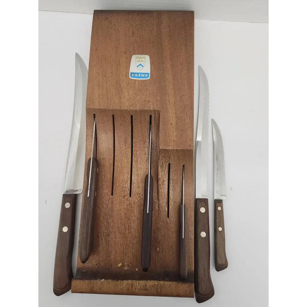 Vintage 1960s Ekco Flint Ekcowood Knife Block Holder with 6 Piece Knife Set